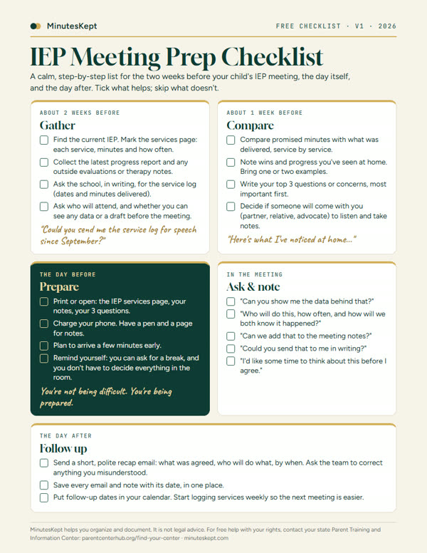 Preview of the one-page IEP Meeting Prep Checklist